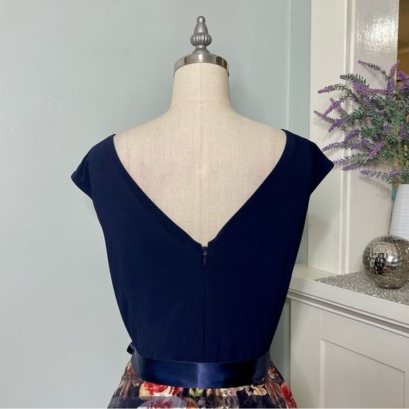 SLNY Navy Blue Floral Fit & Flare Dress Tulle Skirt Mesh Striped 14 Large - Picture 6 of 11